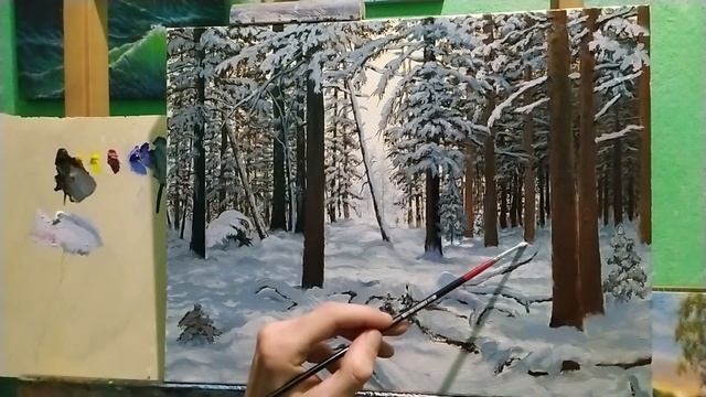 Пишем картину по мотивам И. Шишкина "Зима" часть 2 как рисовать кору и заснеженные ели и сосны аrt смотреть онлайн