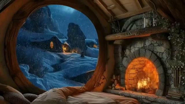 🔴 Relaxing Blizzard in Cozy Hobbit Home 4-Hours Fireplace Sleep Video - Fire and Light Wind Sounds смотреть онлайн