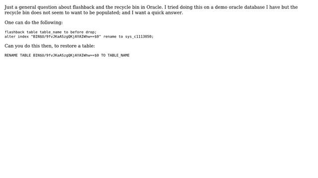 Databases: Can you use "RENAME" instead of "FLASHBACK TABLE" to restore a table in Oracle? смотреть онлайн