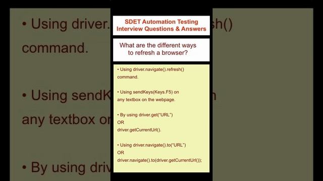 SELENIUM : What are the different ways to refresh a browser - SDET Automation Testing Interview смотреть онлайн