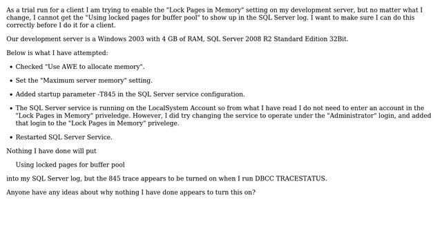 Databases: No "Using locked pages for buffer pool" in SQL Server log смотреть онлайн