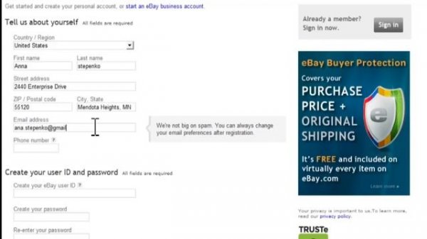 Регистрация на ebay.com