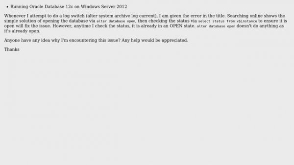 Databases: Database gives "ORA-01109: Database not open" error when it IS open