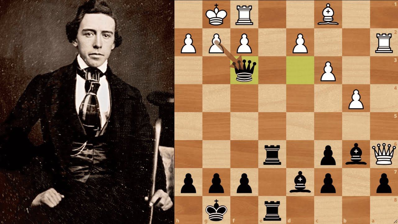 Пол Морфи жертвует Ферзя и уничтожает защиту Паульсена смотреть онлайн