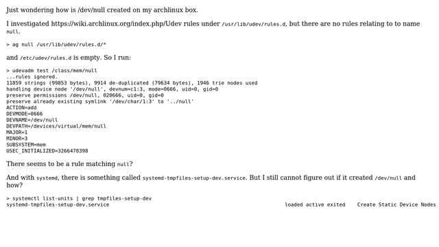 Unix & Linux: How is /dev/null created on archlinux? смотреть онлайн