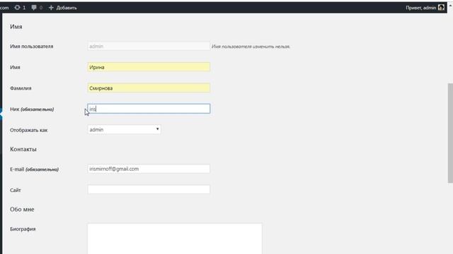 WordPress панель – Профиль пользователя смотреть онлайн