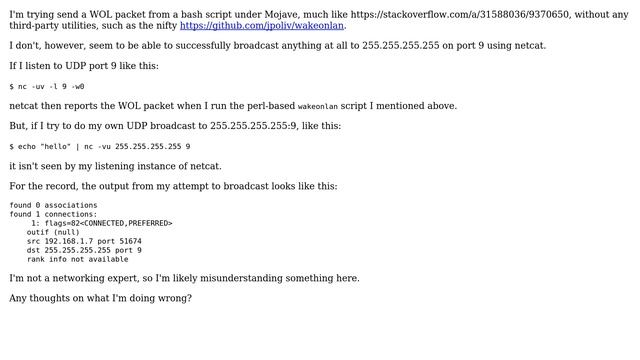 Apple: Failing to send Wake-On-LAN UDP packet with netcat смотреть онлайн