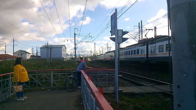 Электропоезда ЭП2Д-0151 и ЭГ2Тв-021 "Иволга 1.5" пролетают переезд смотреть онлайн