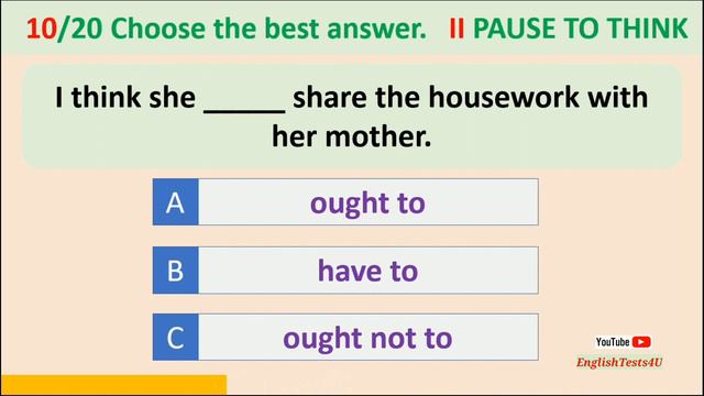 GRAMMAR TEST - Level: B1/ Intermediate - Modals: SHOULD, OUGHT TO; MUST vs HAVE TO - No.11 смотреть онлайн