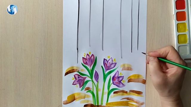 Работа акварелью для детей 6-7 лет Крокусы.