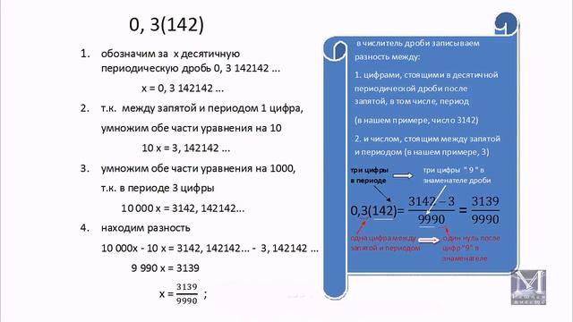 Перевод десятичной бесконечной периодической дроби в обыкновенную. Часть 3. смотреть онлайн