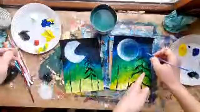 НОЧЬ В ЛЕСУ |Рисуем в прямом эфире✌️ Простой и красивый пейзаж для новичков и бывалых! смотреть онлайн