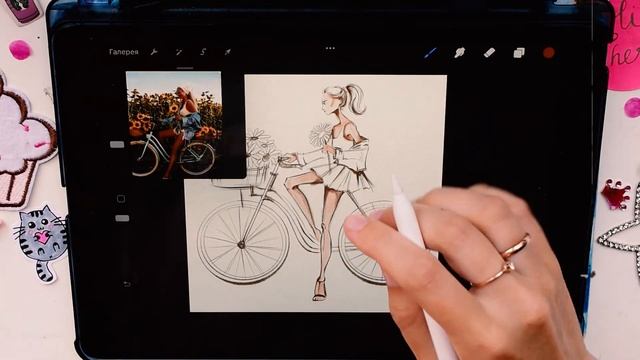 Как нарисовать летний fashion арт "Девушка на велосипеде" с подсолнуками смотреть онлайн