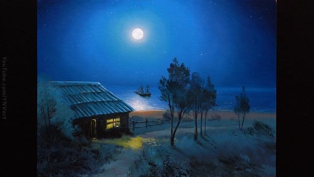 Oil Painting - Full Moon Landscape / Relaxing Art / Морской пейзаж. Уроки рисования. Живопись масло смотреть онлайн