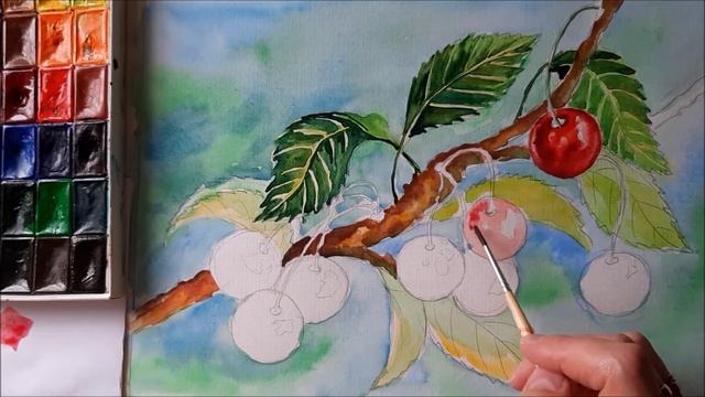 КАК НАРИСОВАТЬ ВИШНЮ АКВАРЕЛЬЮ. РИСУЕМ ВИШНЮ. ПОЭТАПНОЕ РИСОВАНИЕ.ПОДРОБНЫЙ ВИДЕОУРОК ПО АКВАРЕЛИ смотреть онлайн