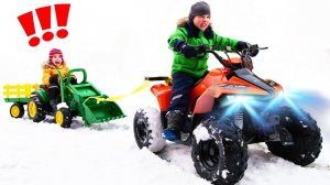 Funny Brothers Lev and Gleb help dad and ride on Power Wheel Tractor Excavator Stuck in the snow