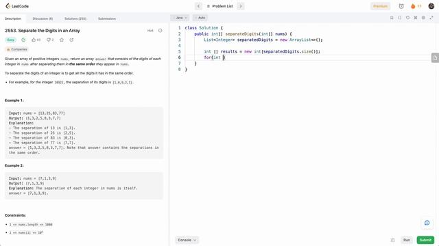 Leetcode 2553 Separate the Digits in an Array (Java) - Leetcode Biweekly Contest 97 - Beats 100% смотреть онлайн