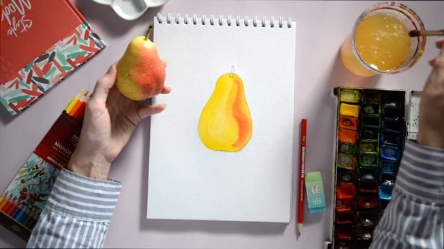 Рисунок груши с натуры акварельными красками для детей от 3 лет. смотреть онлайн