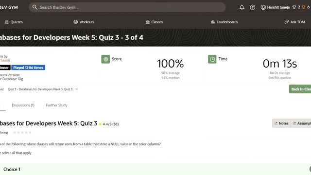 ORACLE Databases for Developers: Foundations: Module 5 Week 5 Quiz 1-4 solution (DEV GYM) смотреть онлайн
