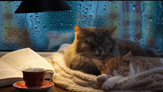 Cat Purring Sound With Light Rain Outside The Window. Comforting Sounds For Relaxation.