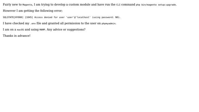 Magento2 - php bin/magento setup:upgrade - Access denied for user 'user'@'localhost' (using... смотреть онлайн