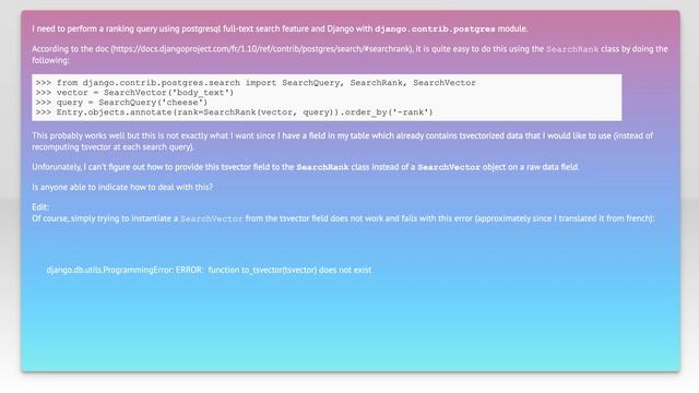 How to use a tsvector field to perform ranking in Django with postgresql full-text search? смотреть онлайн