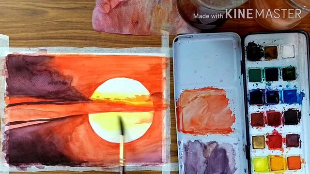 Easy sunset painting for beginners/ WATERCOLOR/ TUTORIAL/ смотреть онлайн