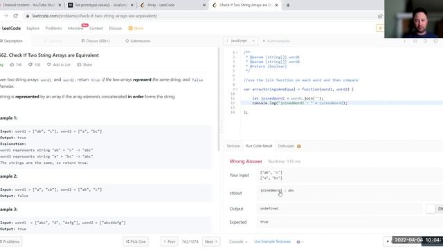 1662 Check If Two String Arrays are Equivalent - Javascript - Time: O(n) Space: O(1) - Leetcode смотреть онлайн