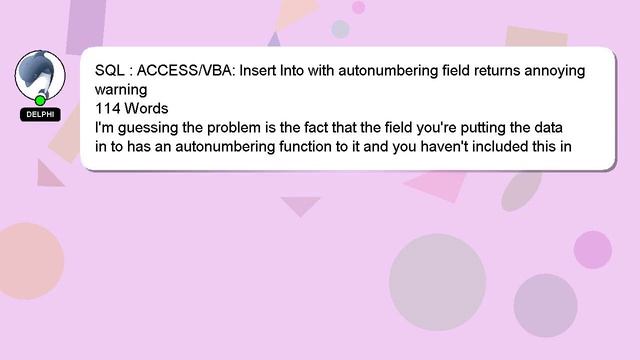 SQL : ACCESS/VBA: Insert Into with autonumbering field returns annoying warning смотреть онлайн
