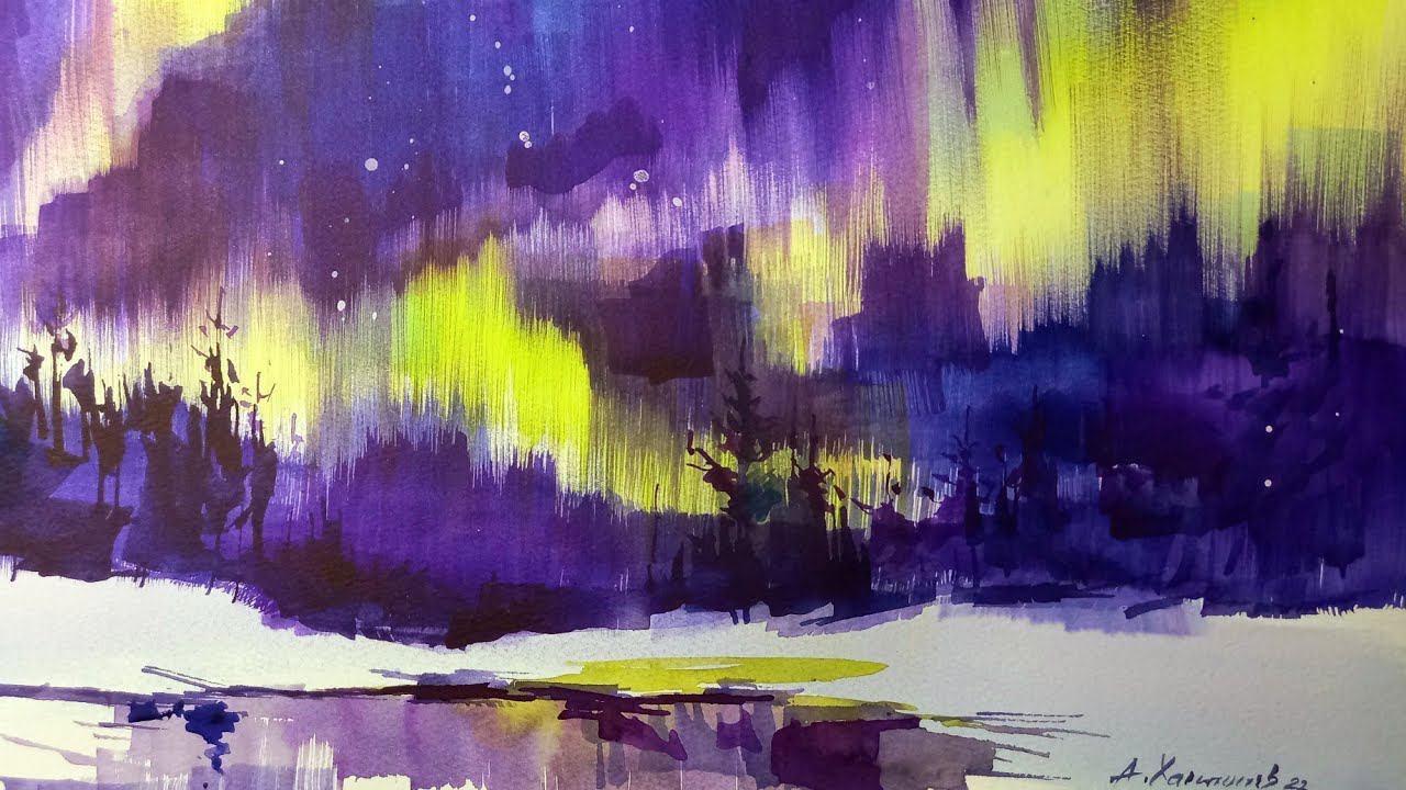 Рисуем северное сияние акварелью с помощью сухой кисти смотреть онлайн