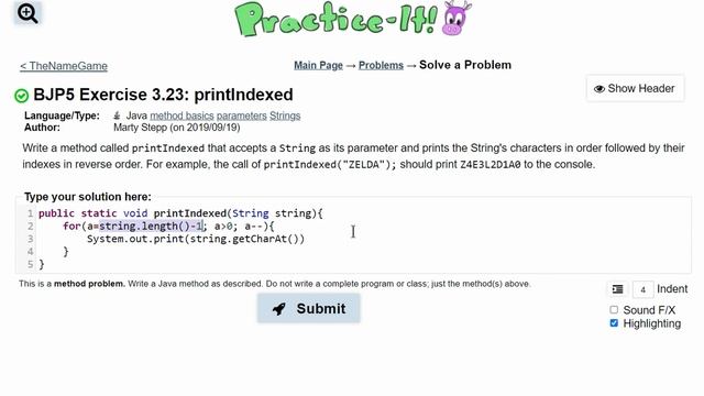 Java Practice It || 3.23 printIndexed || method basics, strings, string.charAt() смотреть онлайн