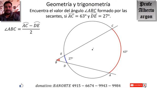 Encuentra el valor del ángulo ∠𝐴𝐵𝐶 formado por las secantes, si 𝐴𝐶=63° y 𝐷𝐸=27° смотреть онлайн