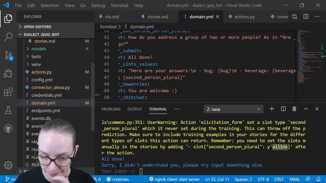 Rasa Livecoding: Dialect Quiz Bot (Accept any text from a form) смотреть онлайн