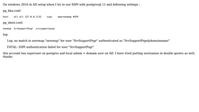 Databases: Postgresql 11 SSPI authentication failing смотреть онлайн