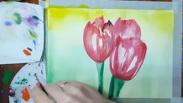 Как легко нарисовать тюльпаны акварелью. Рисуем тюльпаны поэтапно. Рисуем с детьми цветы, легко. смотреть онлайн