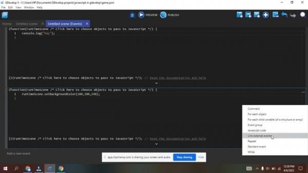 how to add java script to gdevelop