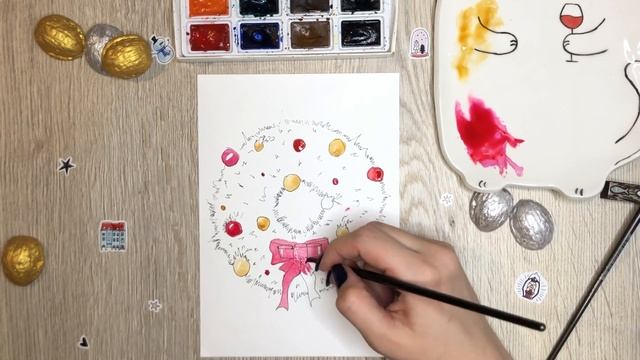 Как нарисовать рождественский венок акварелью. Скетчинг для начинающих. День 17. смотреть онлайн