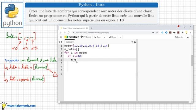 Listes en python • A partir d'une liste, créer une liste des notes supérieures à 10 •seconde SNT NS смотреть онлайн