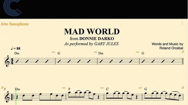 Alto Sax - Mad World - Gary Jules - Donnie Darko - Sheet Music, Chords, & Vocals смотреть онлайн