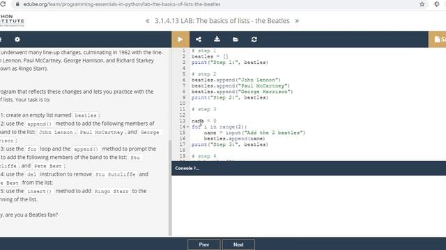Python Essentials 3.1.4.13 LAB: The Basics Of Lists - The Beatles смотреть онлайн
