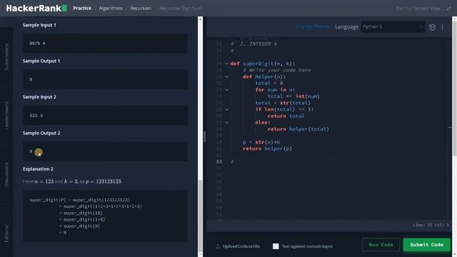 209 - Recursive Digit Sum | Recursion | Hackerrank Solution | Python смотреть онлайн