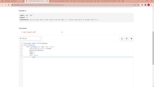Leetcode Biweekly Contest 99 | 6312. Split With Minimum Sum | Python 3 смотреть онлайн