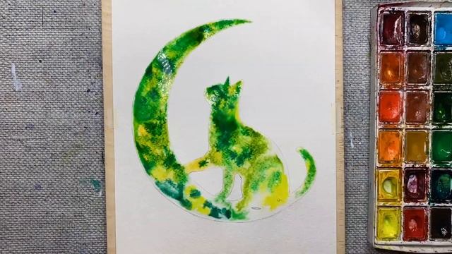 Силуэтные заливки кот и луна. Рисуем акварелью. Скетчинг для новичков. смотреть онлайн