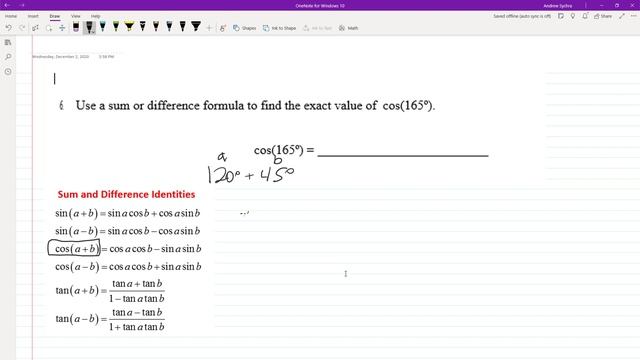 Use a sum or difference formula to find the exact value of cos(165 degrees) смотреть онлайн