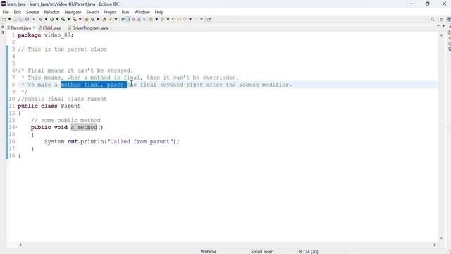Java 87: What it means to declare a method with the final keyword смотреть онлайн