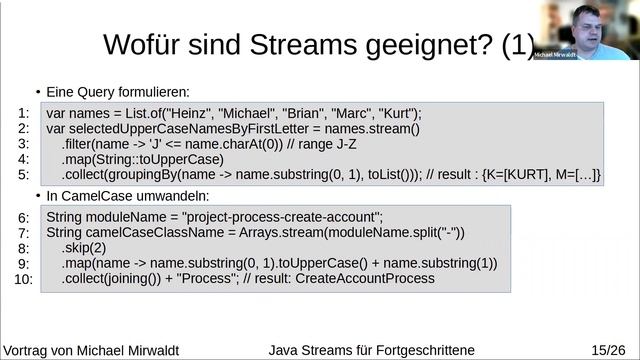 Alles im Fluss? Java Streams für Fortgeschrittene | Michael Mirwaldt in der Java User Group Augsbur смотреть онлайн