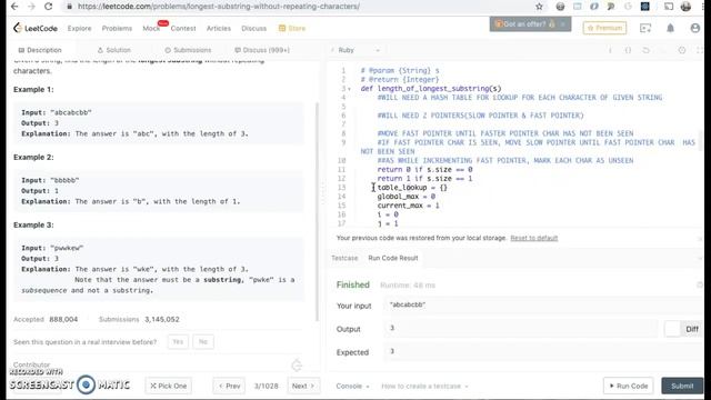 Leetcode: Longest Substring w/o repeating characters смотреть онлайн
