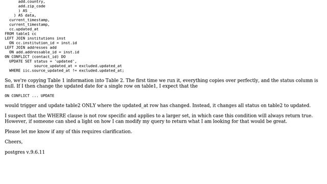 Databases: (POSTGRES) ON CONFLICT ... WHERE condition doesn't seem to be working смотреть онлайн