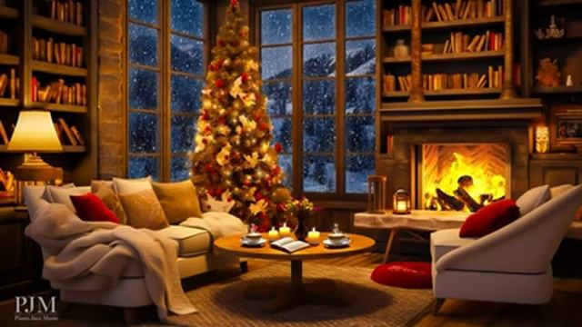 Warm Christmas Night with Relaxing Jazz Music & Crackling Fireplace in Cozy Coffee Shop Ambience смотреть онлайн