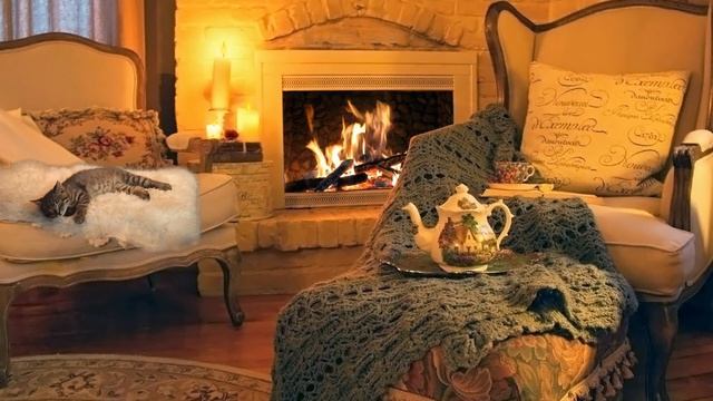 Уютная комната с камином и котом | Бесплатные футажи для монтажа смотреть онлайн